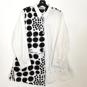 Snapdragon & Twig Women Black White Button Up Shirt Blouse M Lagenlook Artsy
